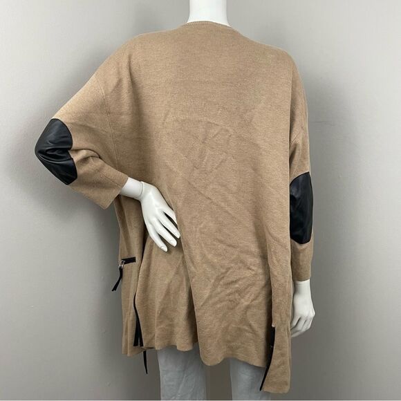 NORDSTROM Camel Tan & Brown Leather Trim Elbow Patch Cardigan Sweater - Picture 2 of 9